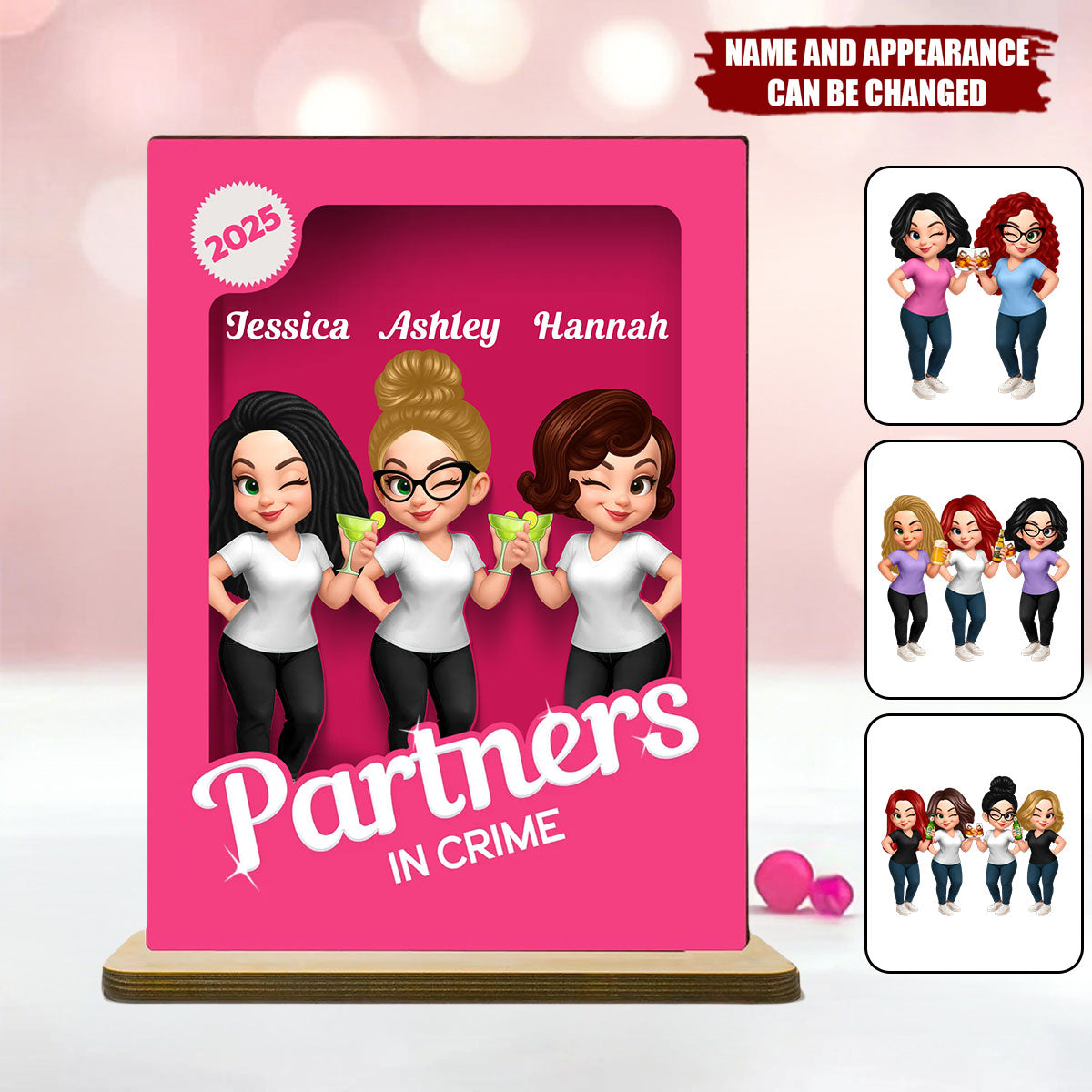 Besties Partner In Crime Pink 3D Effect - Personalized 2-Layer Standing Wooden Plaque