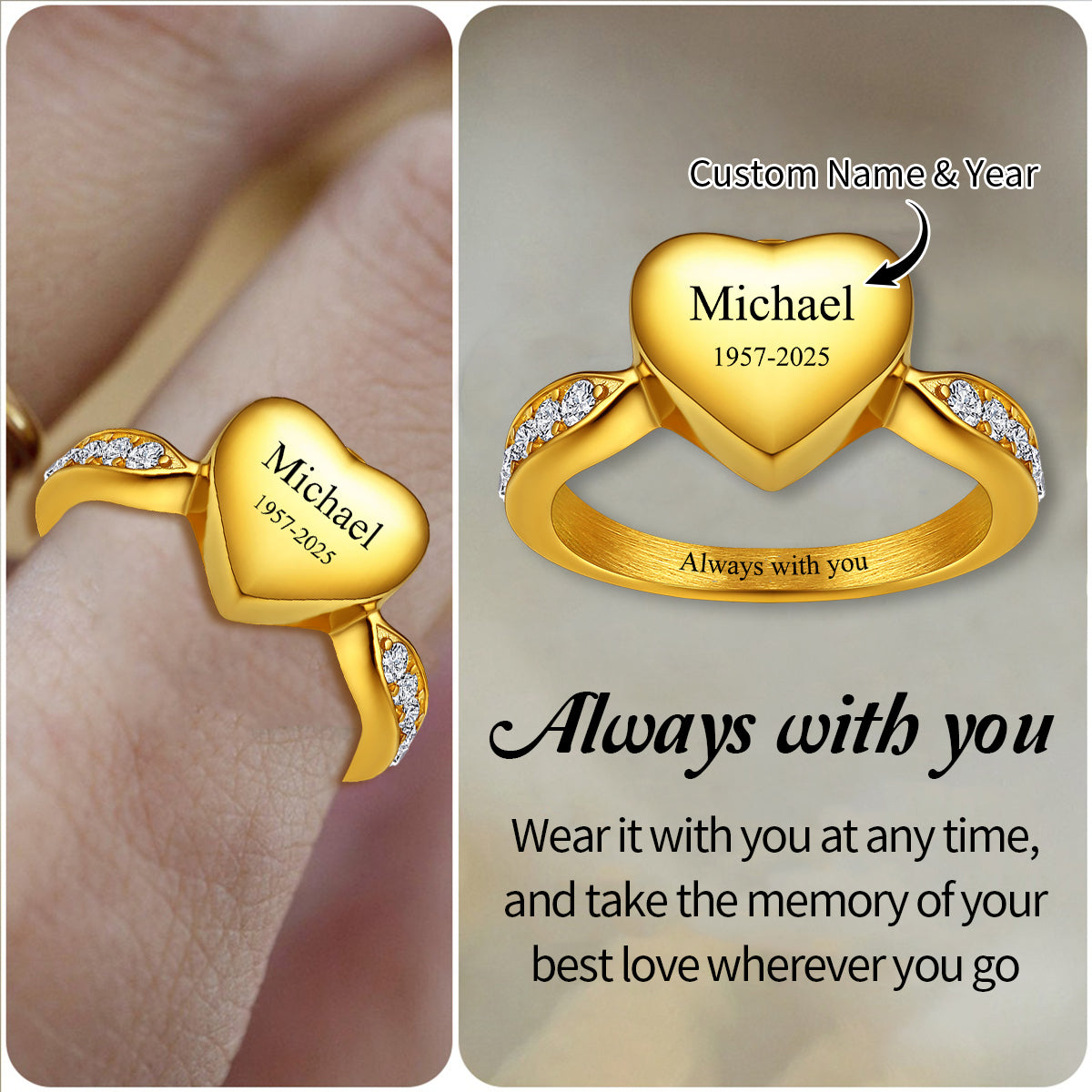Personalized Heart Cremation Urn Ring for Ashes Memorial Jewelry