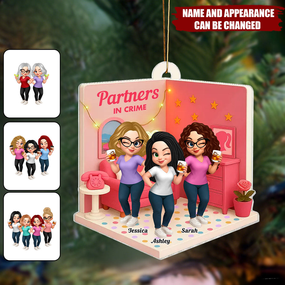 Pink Besties Sisters 3D Effect In House  - Personalized Acrylic Flat Ornament