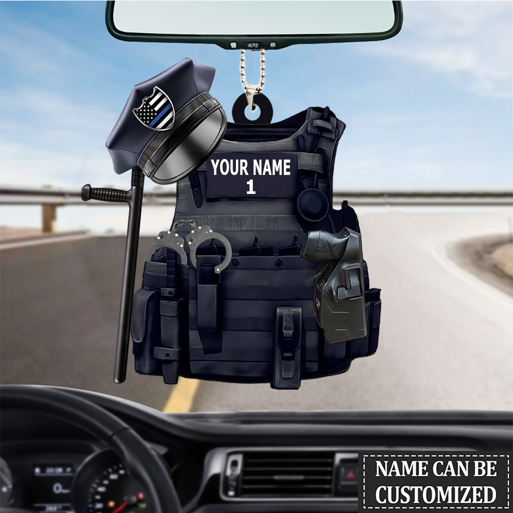 PERSONALIZED POLICE ORNAMENT, CUSTOM NAME POLICE VEST FULL SET, BATON/TONFA & GUN FLAT ORNAMENT