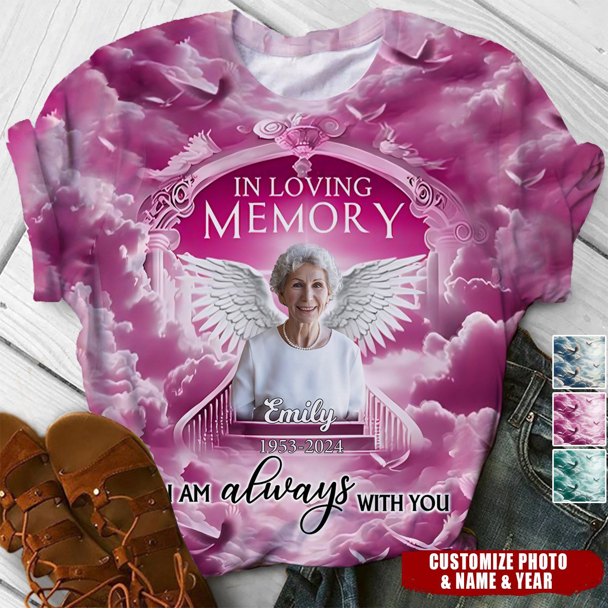 Memorial Custom Photo Angel Wings In Heaven, In Loving Memory Personalized 3D T-shirt