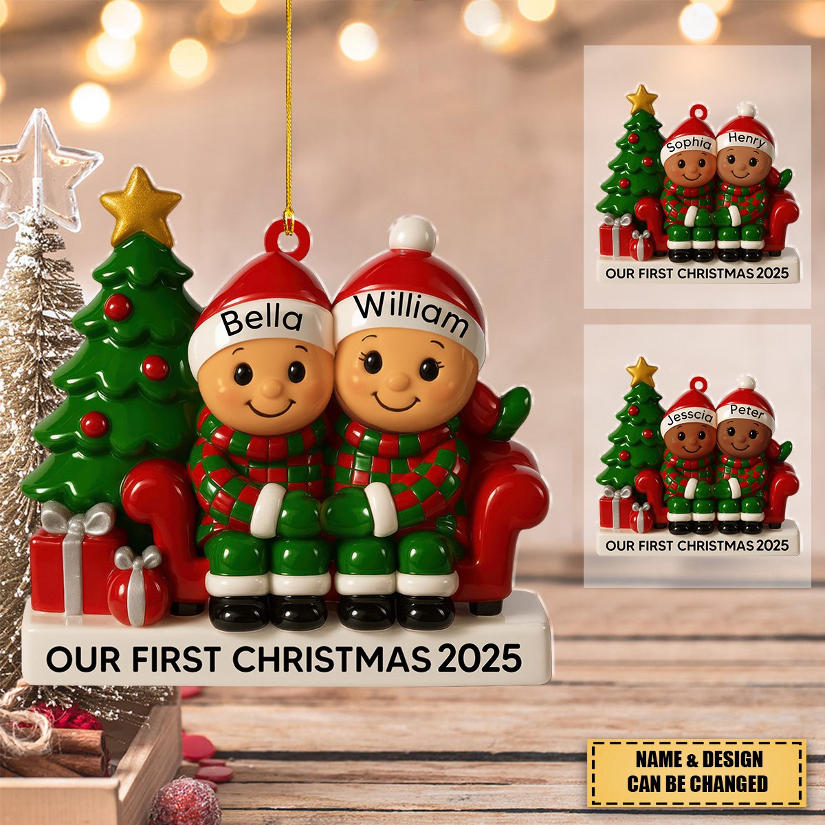 Our First Christmas With Christmas Tree and Gifts,Personalized Custom Wood Ornament