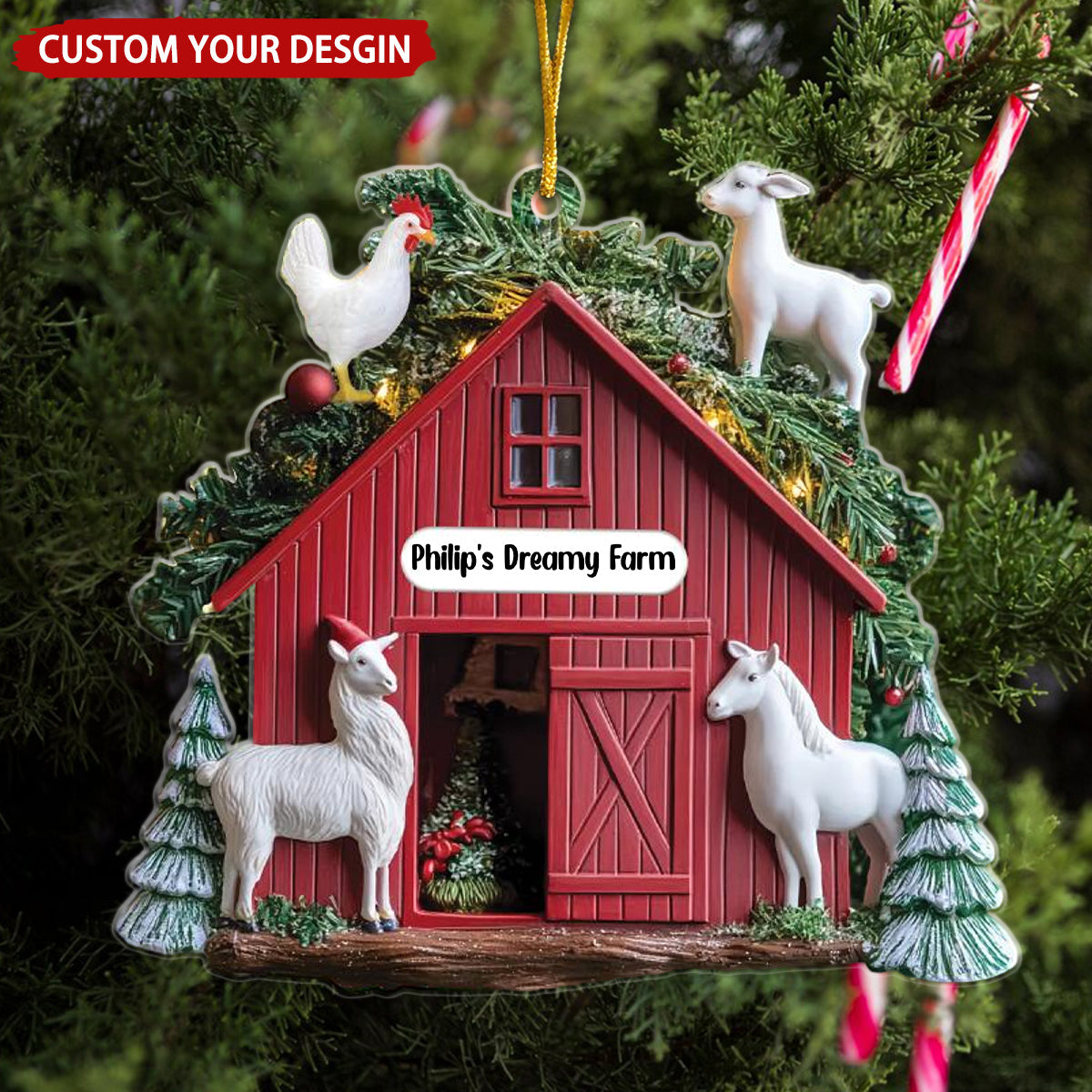 Rustic Red Barn Personalized Farmhouse Christmas Ornament