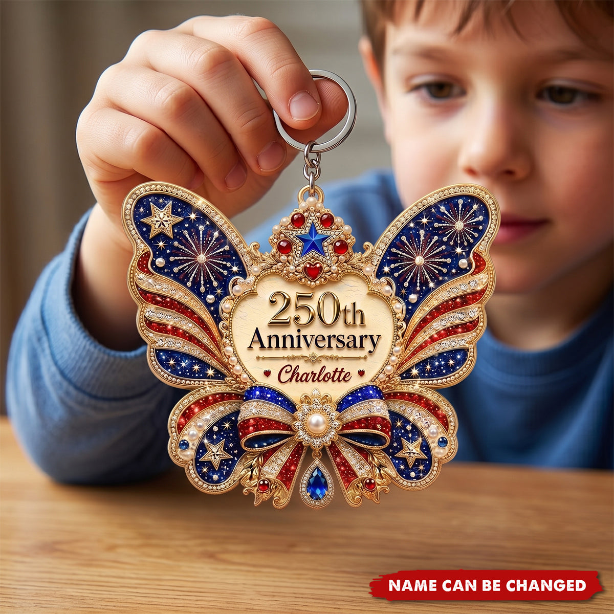 Personalized USA 250th Anniversary Butterfly Acrylic Keychain, Custom Name Patriotic Keyring