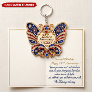 Personalized USA 250th Anniversary Butterfly Acrylic Keychain, Custom Name Patriotic Keyring