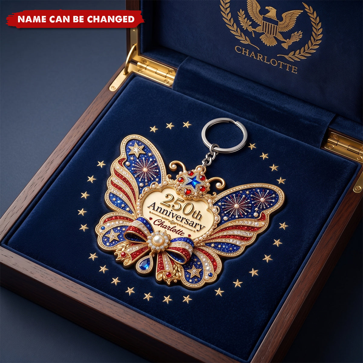 Personalized USA 250th Anniversary Butterfly Acrylic Keychain, Custom Name Patriotic Keyring