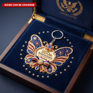Personalized USA 250th Anniversary Butterfly Acrylic Keychain, Custom Name Patriotic Keyring