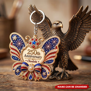 Personalized USA 250th Anniversary Butterfly Acrylic Keychain, Custom Name Patriotic Keyring