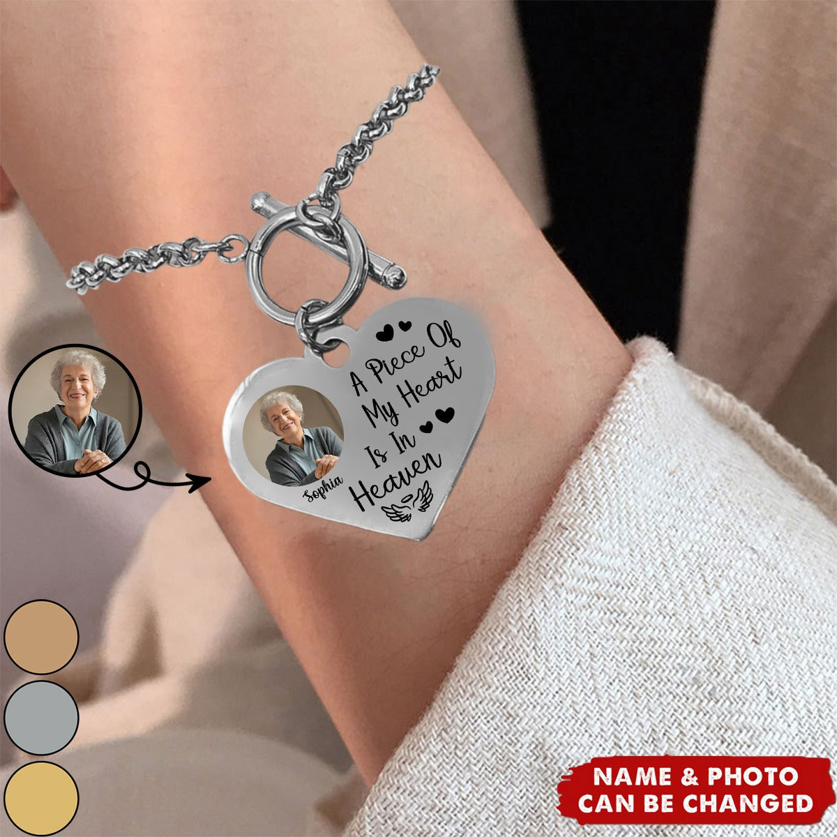 Custom Photo A Piece Of My Heart Is In Heaven Memorial - Personalized Heart Bracelet