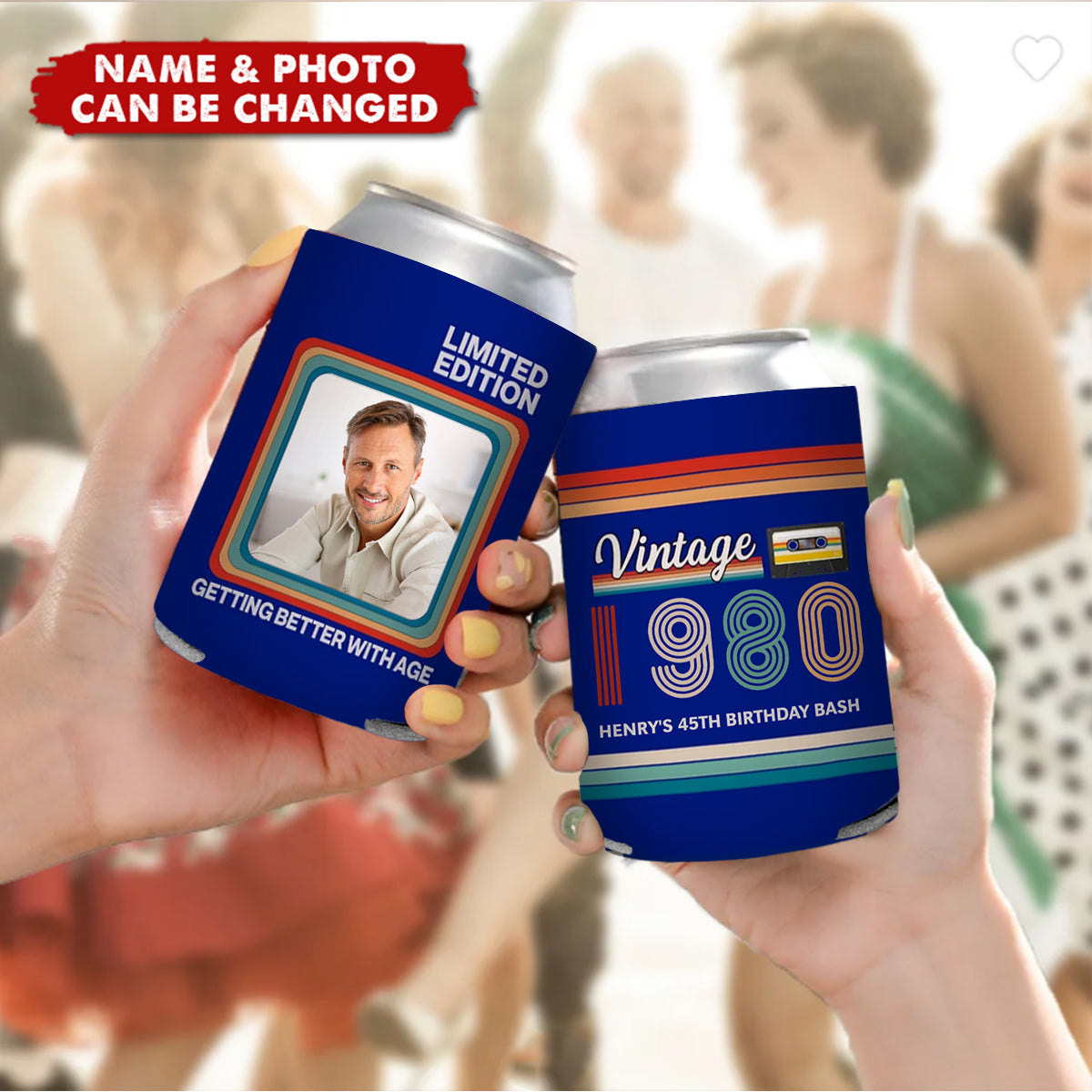 Personalized Stripes Retro Radio Photo Insulated Beer Can Cooler Sleeve with Year and Text Birthday Party Gift for Family Friends