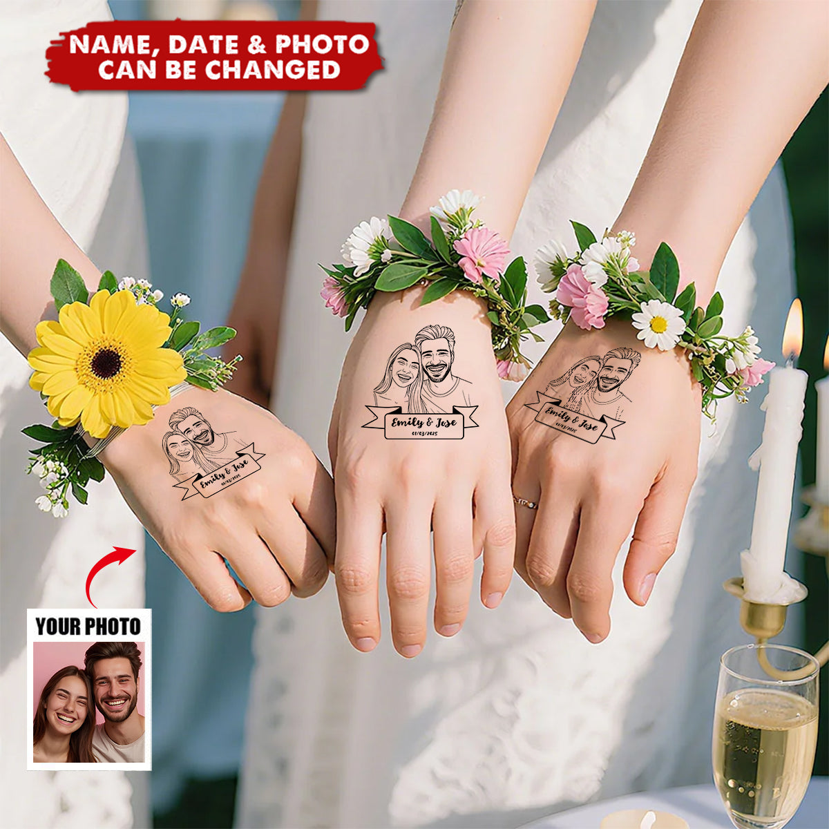 Personalized Waterproof Portrait Tattoos (24-Pack) - Wedding Gift for Couples