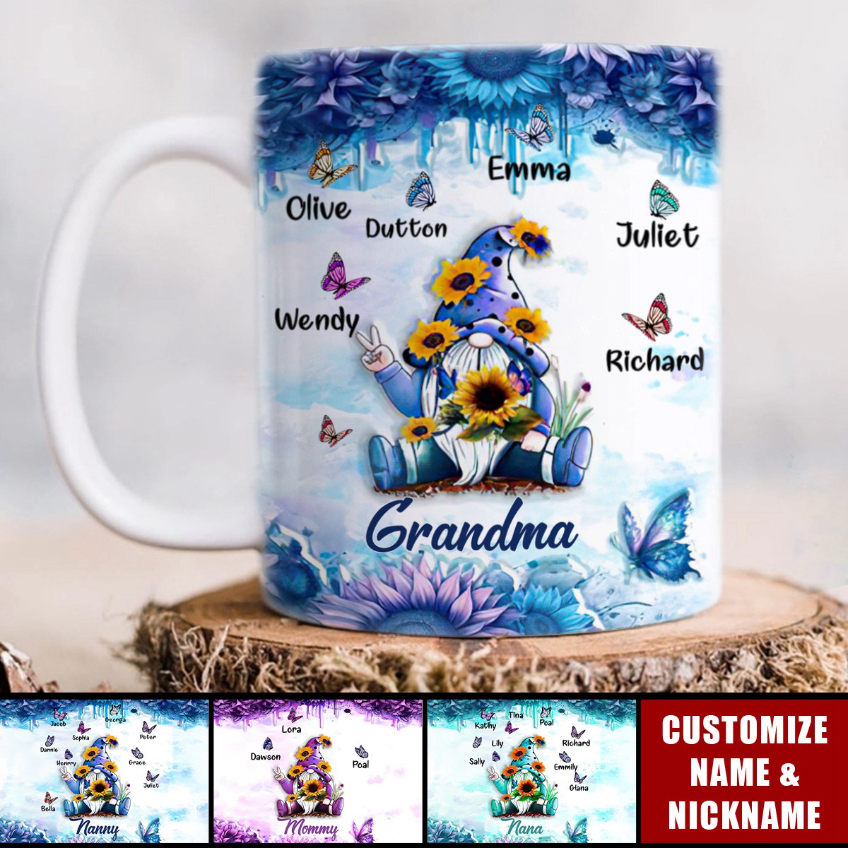 Sunflower Dwarf Grandma With Butterfly Kid Name 3D Inflated Effect Personalized Edge-to-Edge Mug