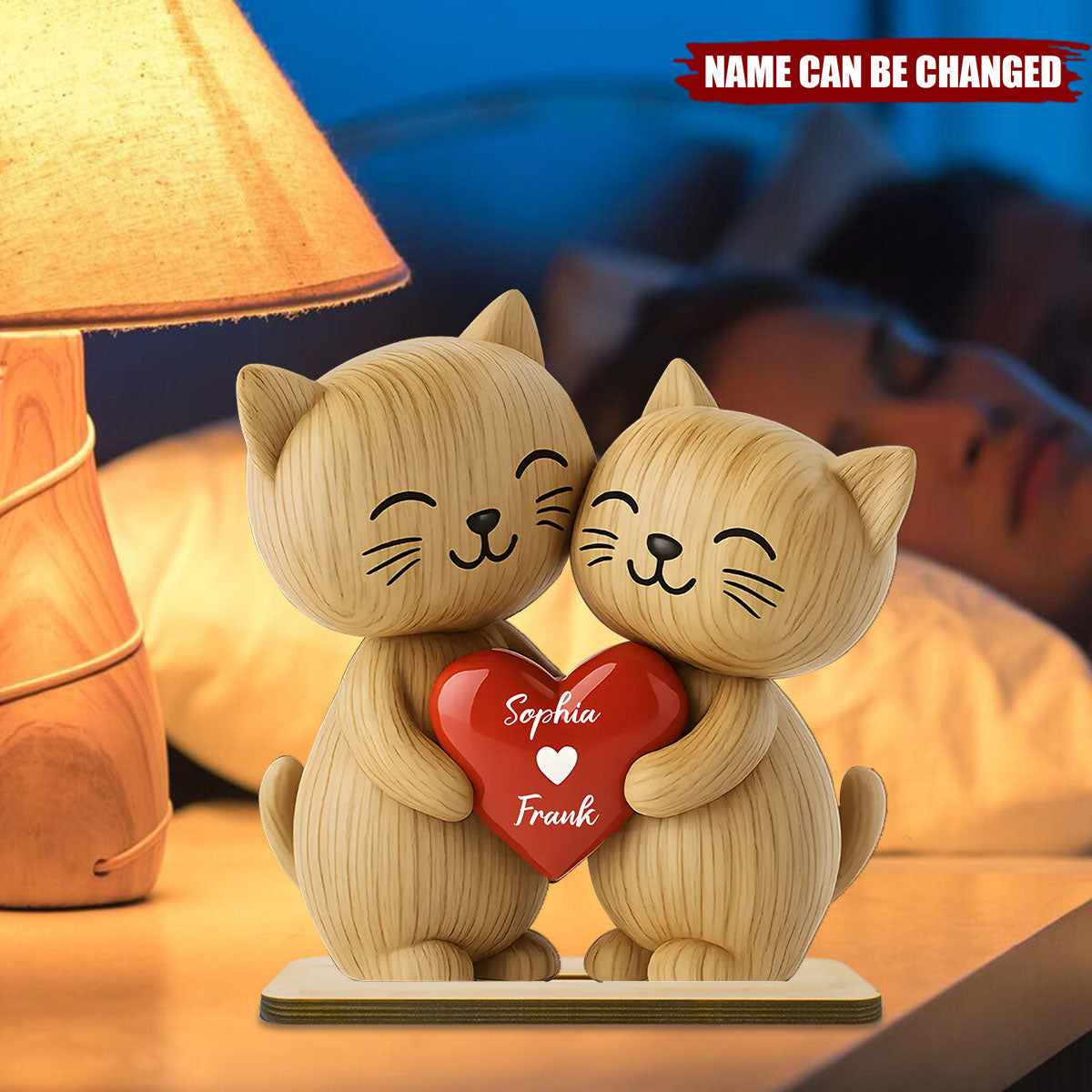 3D Effect Cat Couple Love Personalized Standing Wooden Plaque