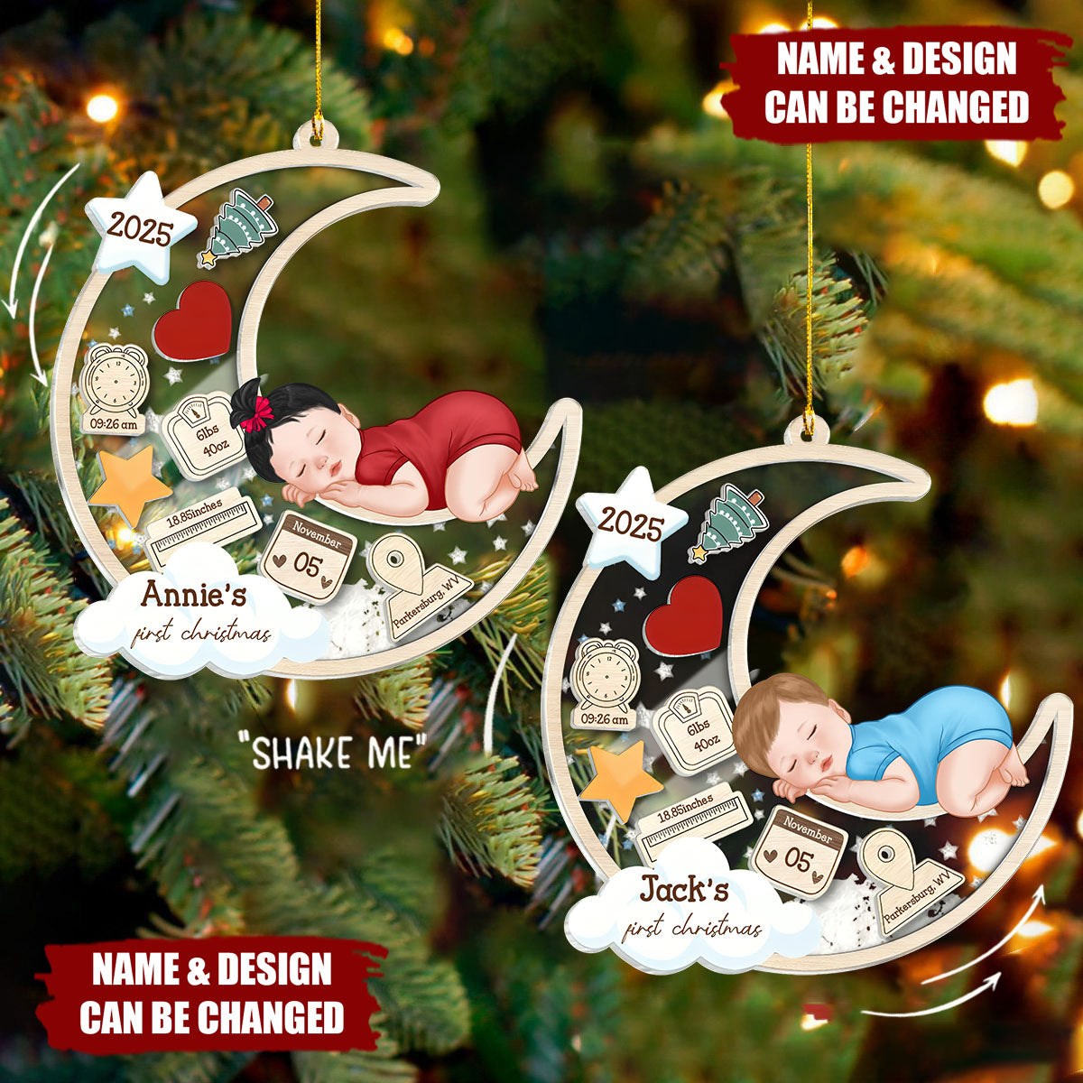 Baby Sleeping On Moon First Christmas Personalized 4D Shaker Ornament