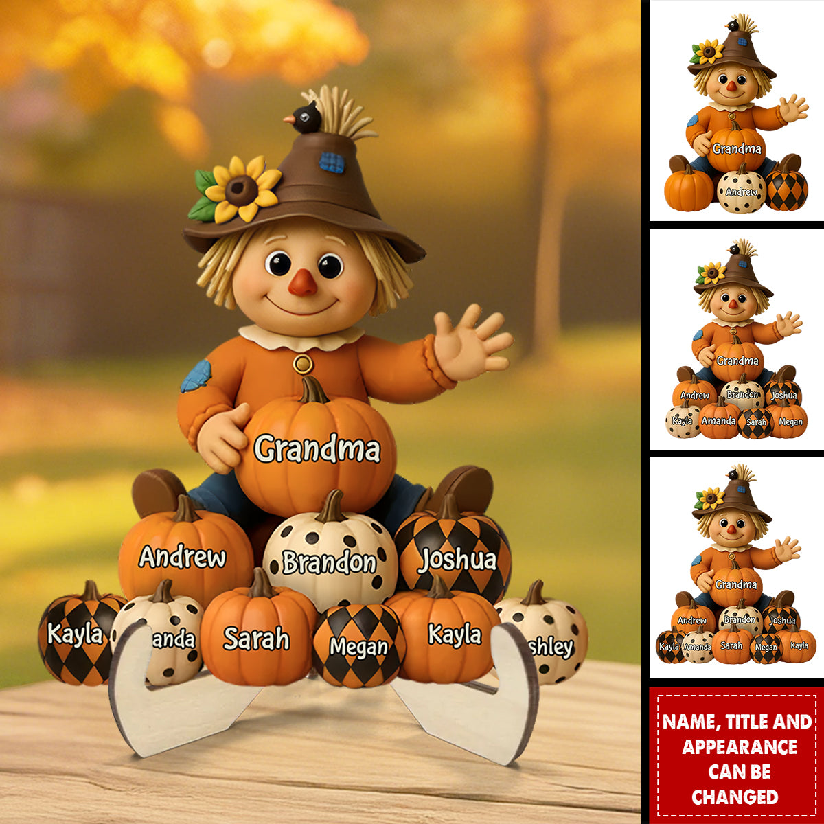 Fall Grandma Scarecrow Grandkids Pumpkins - Personalized 2-Layer Standing Wooden Plaque