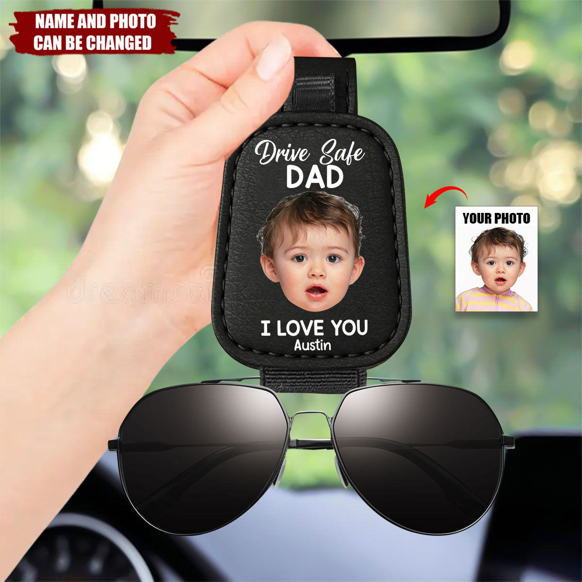 Custom Photo Drive Safe Daddy, Love Always - Personalized Sunglasses Holder For Car Visor - Father's Day, Gift For Dad, Grandpa