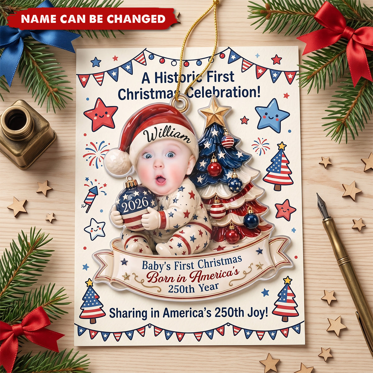 Custom Photo First Christmas Acrylic Ornament - Personalized America 250th Anniversary Christmas Gifts