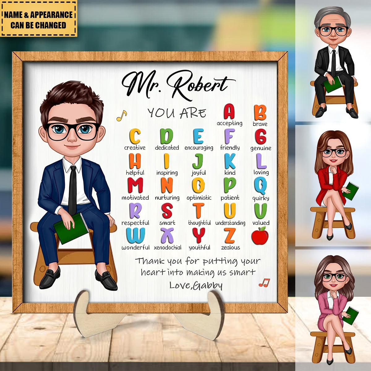 Teacher Appreciation Gift Thank You Alphabet Characteristics Teacher Sitting Personalized 2-Layer Wooden Plaque