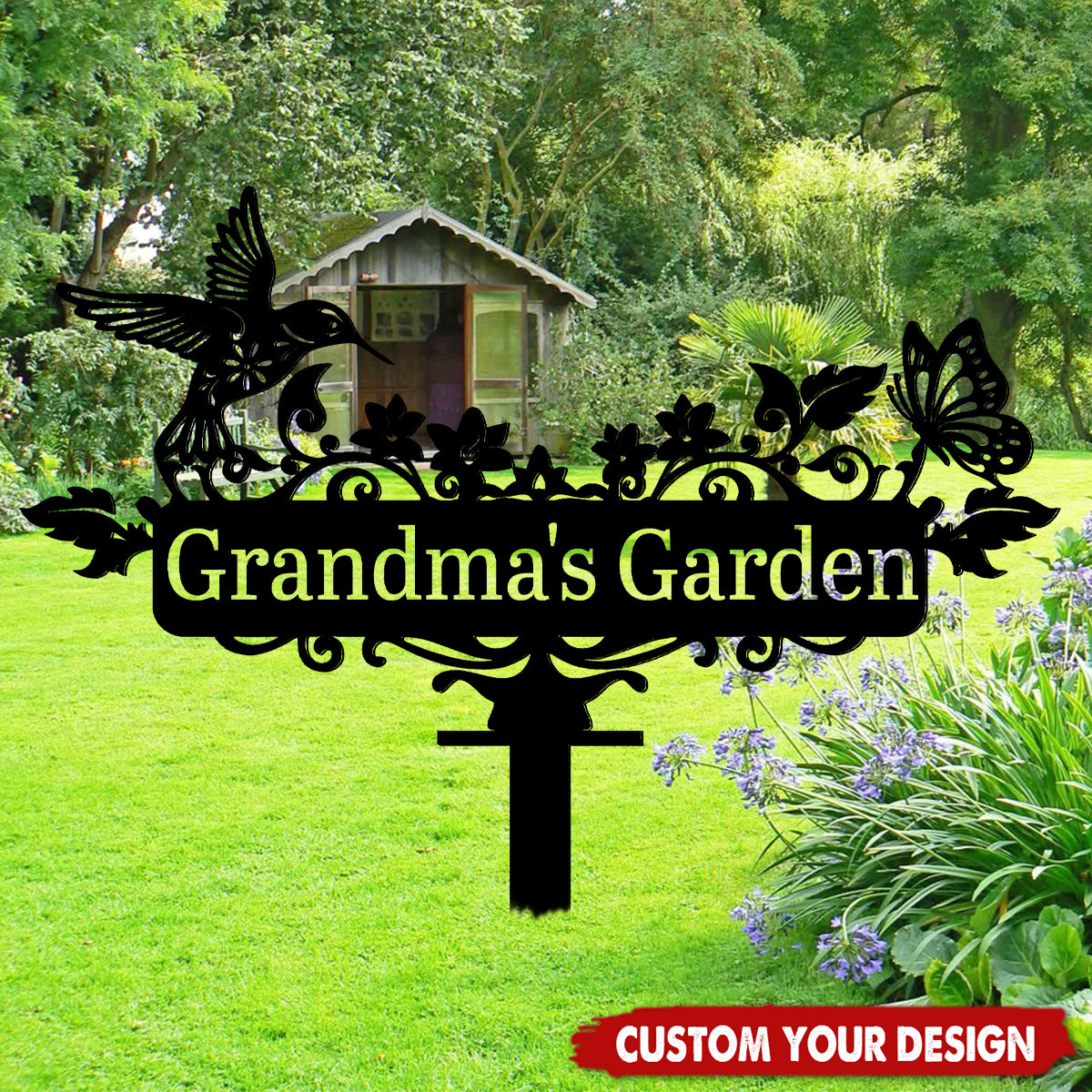 Custom Humming bird Metal Garden Decor, Bird with Flower Garden Sign