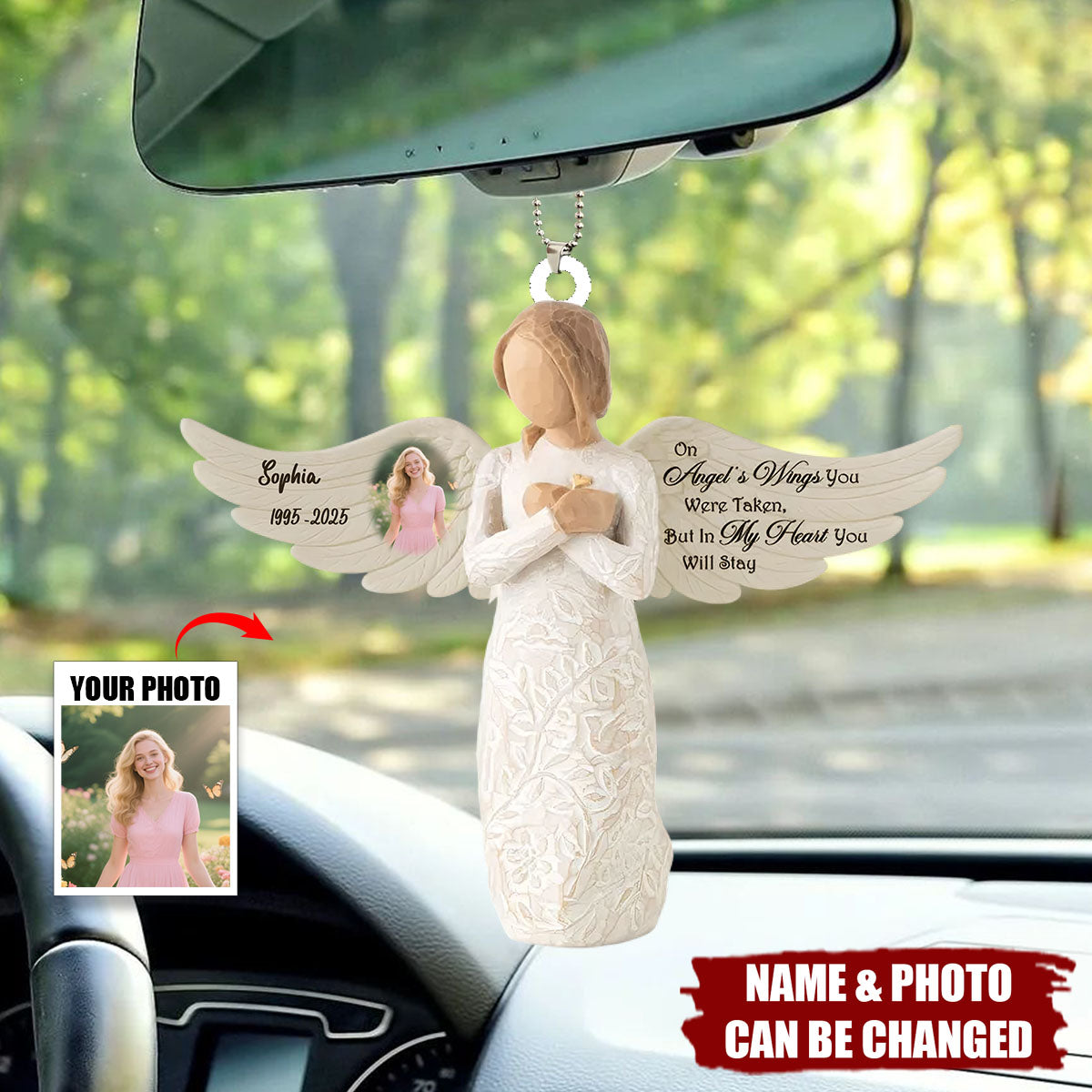 On Angel's Wings You Were Taken, But In My Heart You Will Stay - Personalized Memorial Acrylic Car Ornament