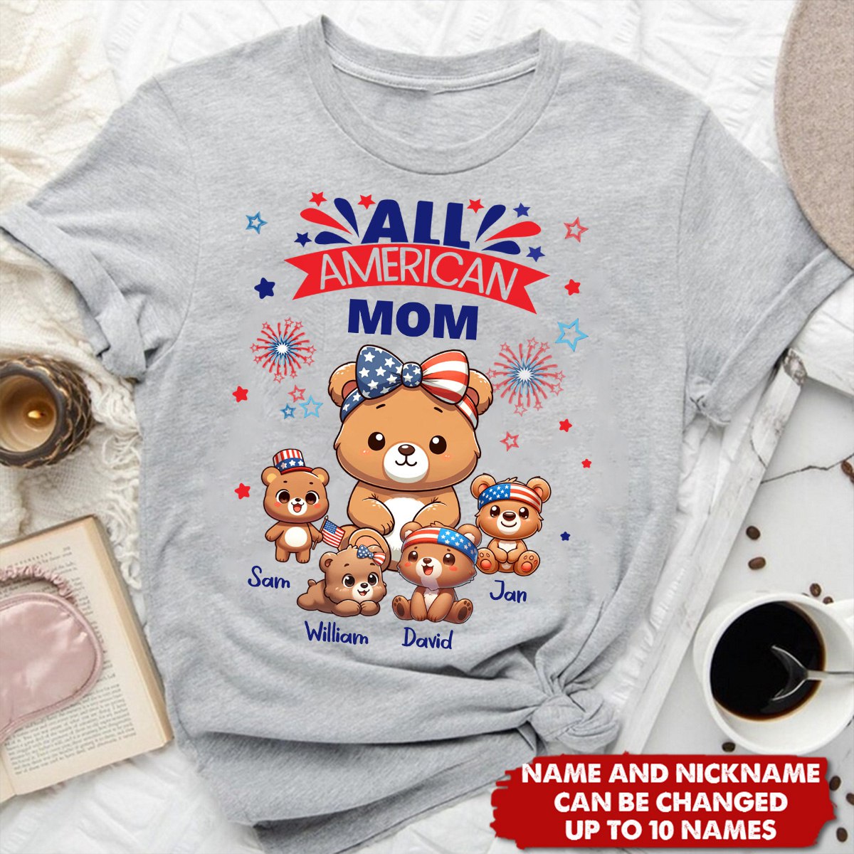 All American Nana Grandma Cute Bear Grandkids 4th of July Gift Personalized T-shirt