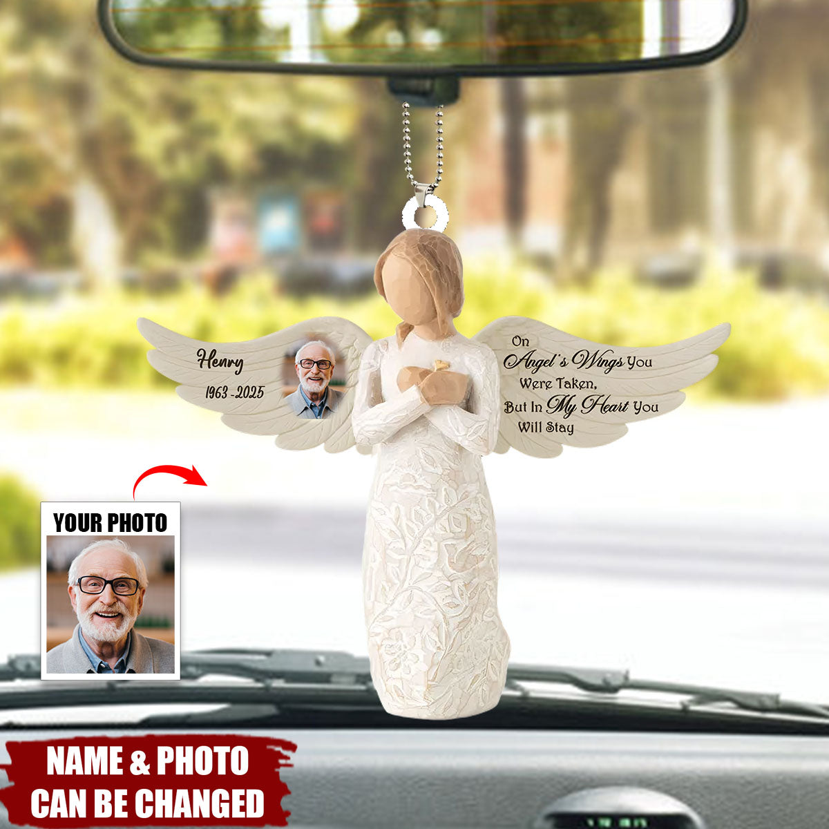 On Angel's Wings You Were Taken, But In My Heart You Will Stay - Personalized Memorial Acrylic Car Ornament