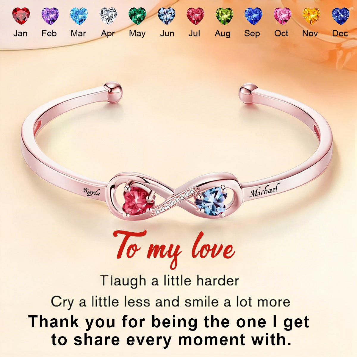 Personalized Infinity Double Heart Birthstones Cuff Bangle with Engraved Name Birthday Anniversary Valentine's Day Gift for Women