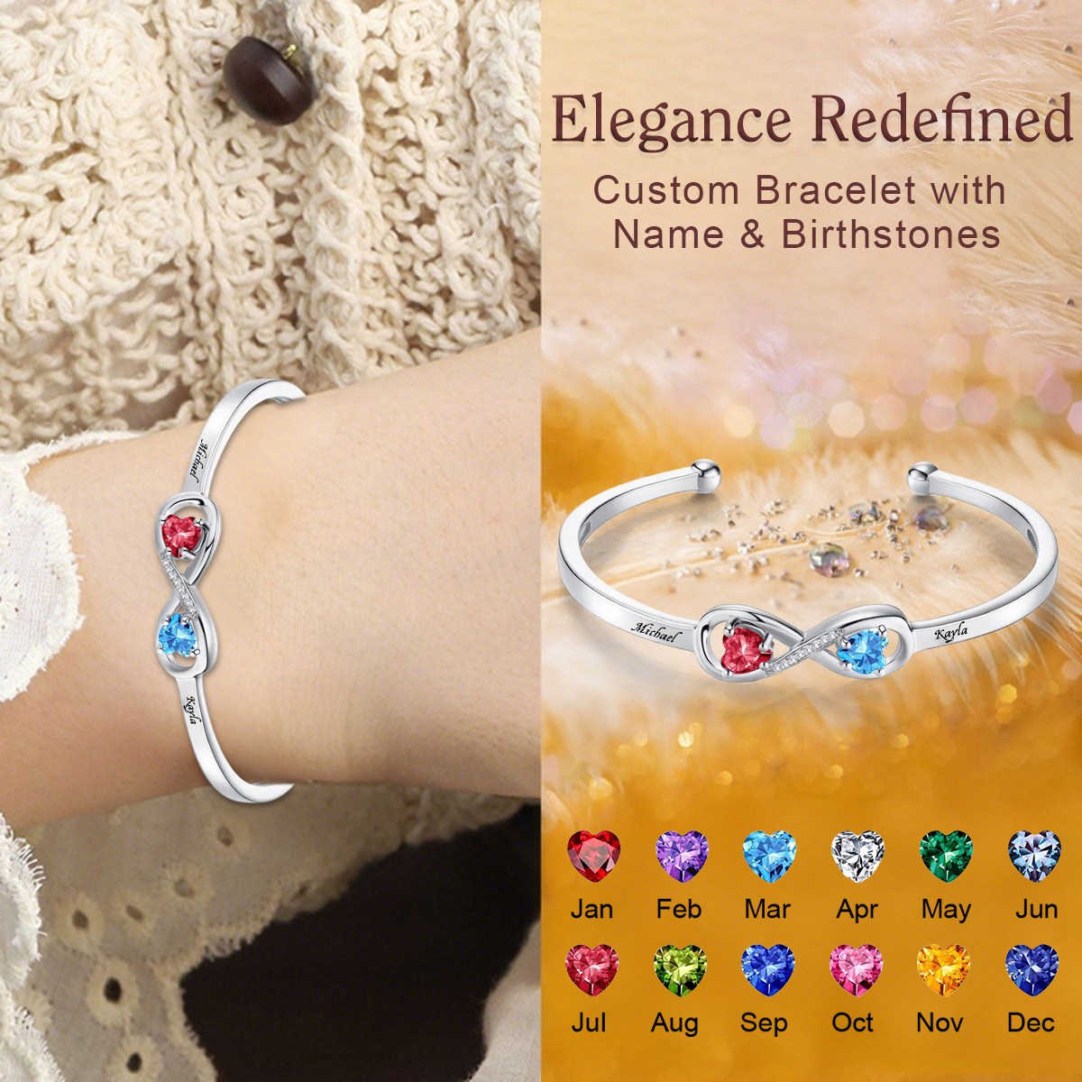 Personalized Infinity Double Heart Birthstones Cuff Bangle with Engraved Name Birthday Anniversary Valentine's Day Gift for Women