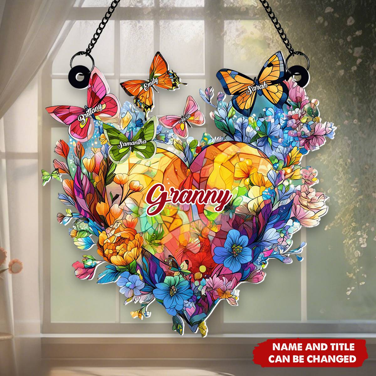 Grandma Mom Flower Heart And Butterflies - Personalized Window Hanging Suncatcher Ornament
