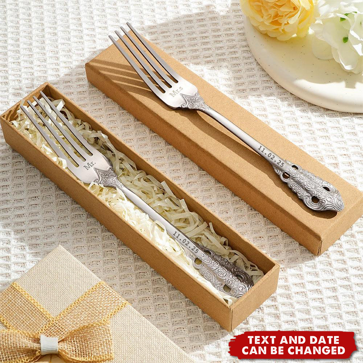 Personalized Mr & Mrs Wedding Forks - Laser Engraved Anniversary Gift Set (2 Forks + Kraft Box)