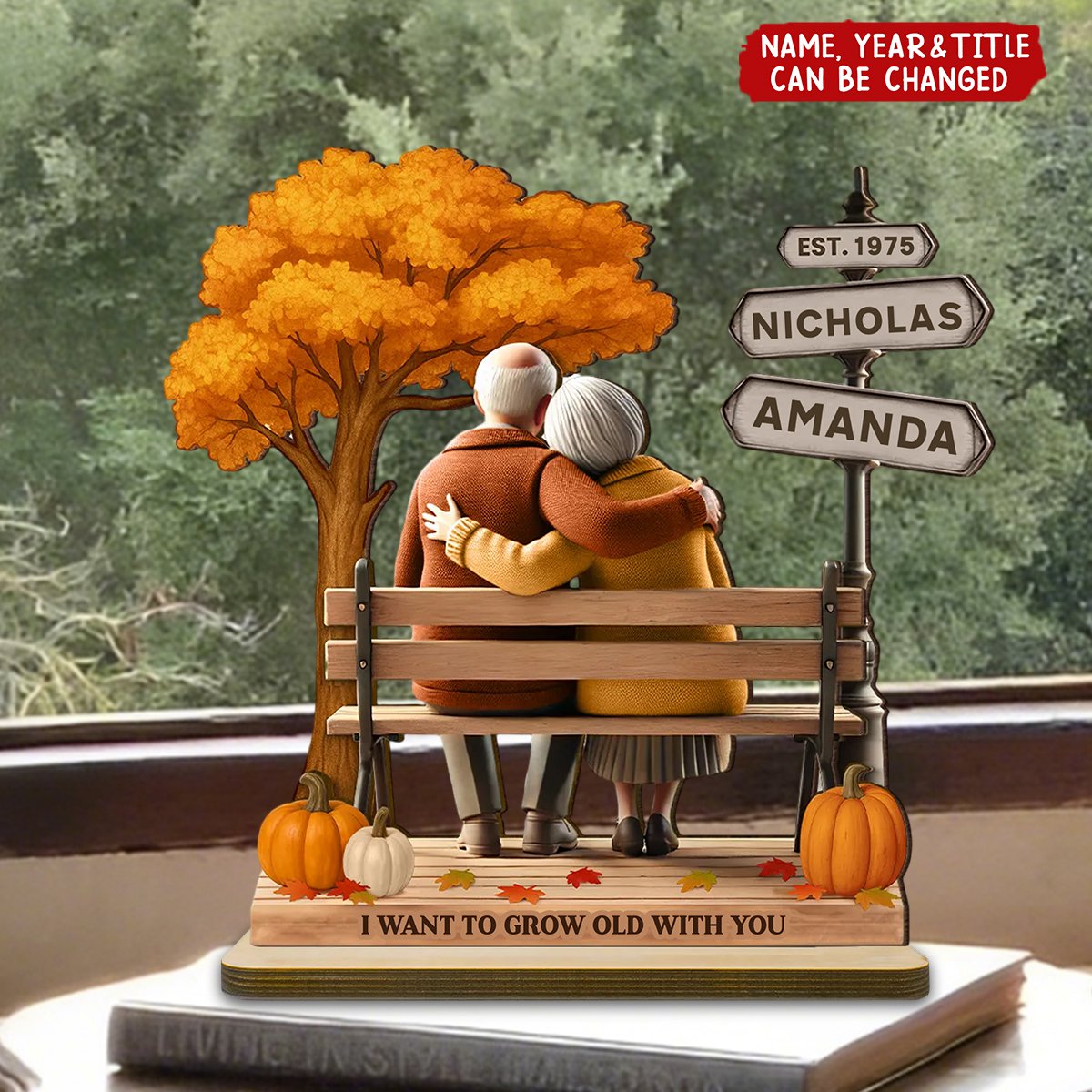 Custom Old Couple Fall Season Park - Personalized Standing Wooden Plaque