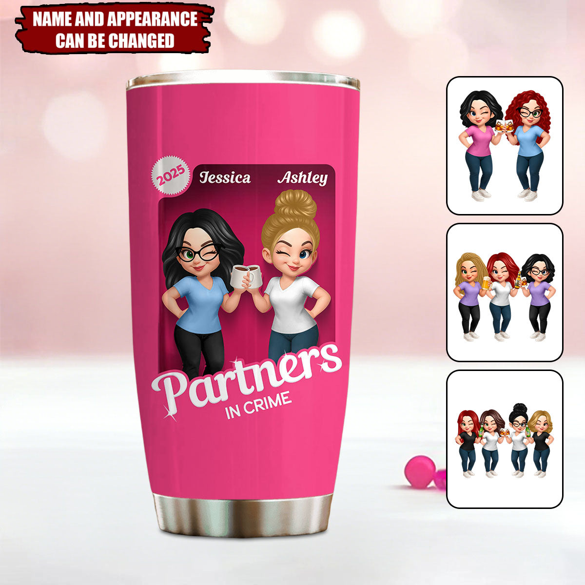 Besties Partner In Crime Pink 3D Effect - Personalized Tumbler
