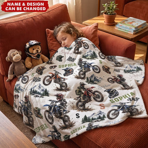 Personalized Dirt Bike Blanket for Boys - Custom Motocross Name Throw Keepsake Gift