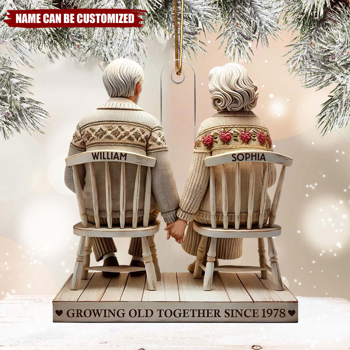 Old Couple Holding Hands Sitting Together - Personalized Acrylic Christmas Ornament, Gift For Couple