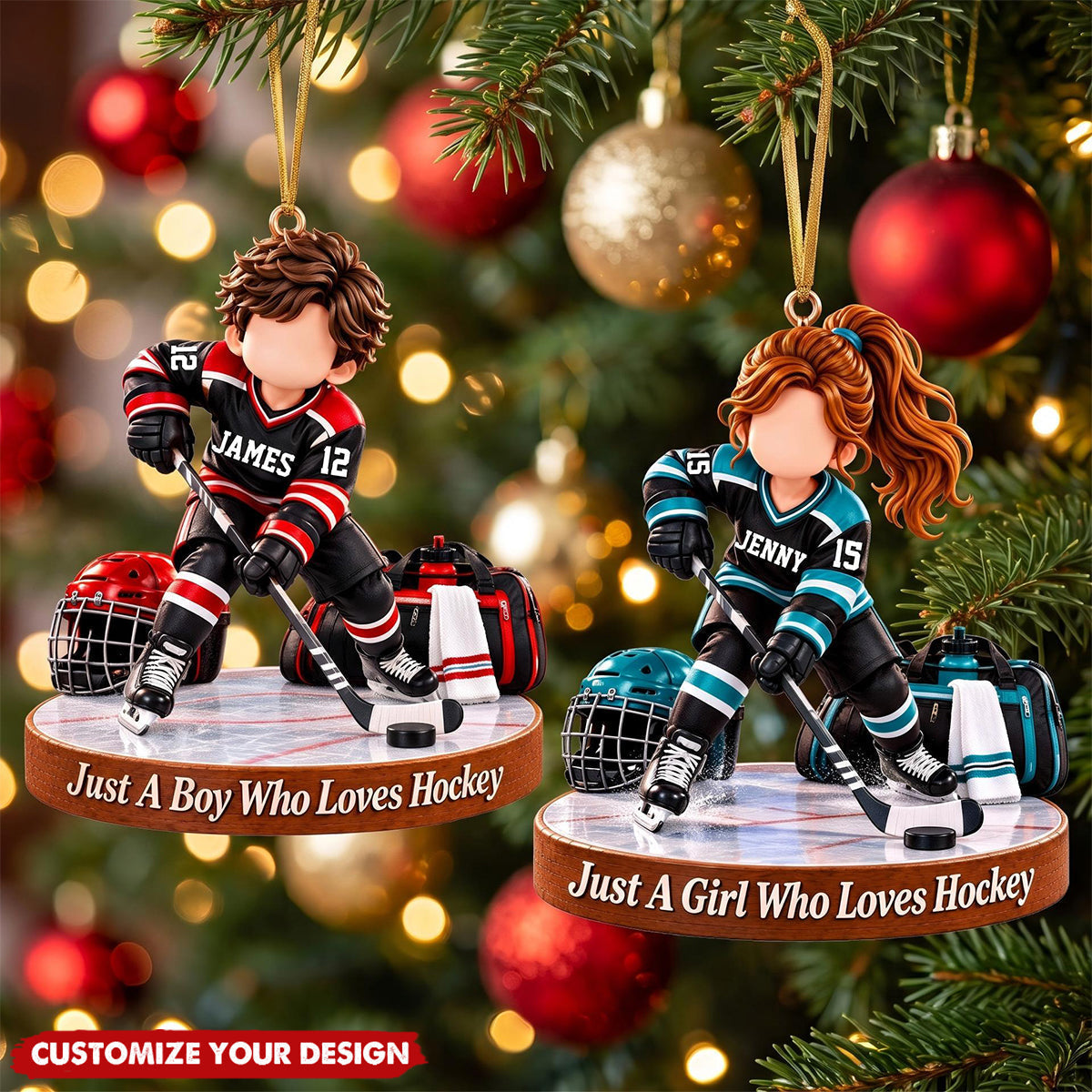 Personalized Ice Hockey Boy Girl Christmas Ornament, Custom Name & Number Hockey Player Gift